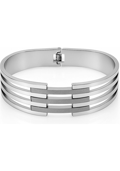 Kadın Çelik Bileklik - Kelepçe Tasarım - Beş Sıralı - Taşlama Süslemeli - Gümüş Renk
