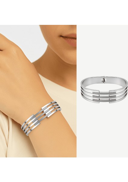 Kadın Çelik Bileklik - Kelepçe Tasarım - Beş Sıralı - Taşlama Süslemeli - Gümüş Renk fiyatları