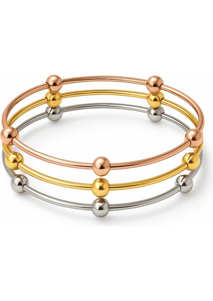 Kadın Çelik Bileklik - Beş Top Süslemeli Tasarım - 3 Lü Model - Gümüş Altın Rose Renk
