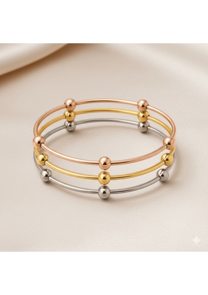 Kadın Çelik Bileklik - Beş Top Süslemeli Tasarım - 3 Lü Model - Gümüş Altın Rose Renk fırsatları
