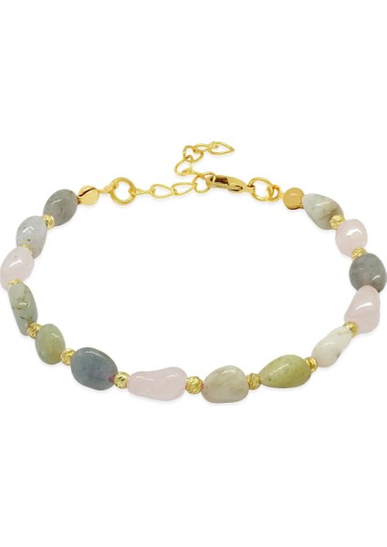 Altın Renk Metal Zincirli Dorika Top Süslemeli Amorf Morganit Doğaltaş Kadın Bileklik