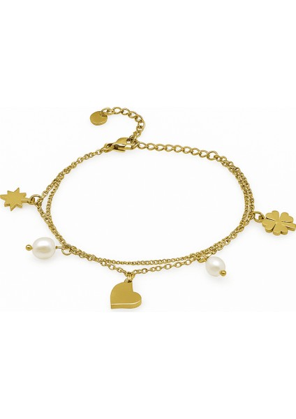 Kadın Çelik Şans Bilekliği - Gurmet Forsa Zincirli - Inci Süslemeli - Altın Renk