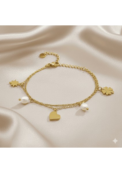 Kadın Çelik Şans Bilekliği - Gurmet Forsa Zincirli - Inci Süslemeli - Altın Renk fırsatları