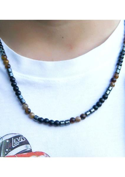 Doğal Taş Erkek Kaplangözü Oniks Hematit Doğal Taş Kolye Bileklik Set EUS1KHO