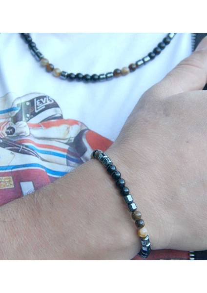 Doğal Taş Erkek Kaplangözü Oniks Hematit Doğal Taş Kolye Bileklik Set EUS1KHO fiyatları