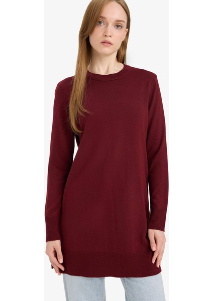 Regular Fit Bisiklet Yaka Yırtmaçlı Basic Düz Triko Kazak Tunik