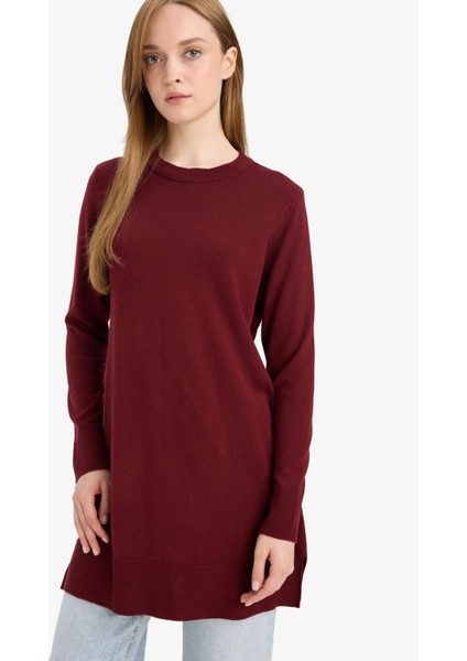 Regular Fit Bisiklet Yaka Yırtmaçlı Basic Düz Triko Kazak Tunik