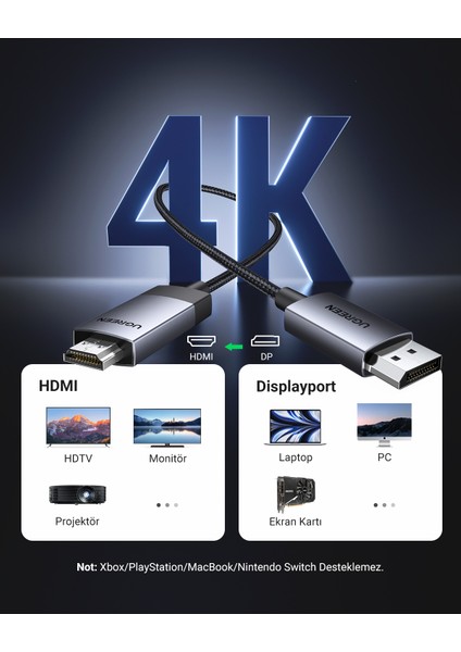 4K 60Hz Displayport To HDMI Örgülü Kablo, 3m, 25491