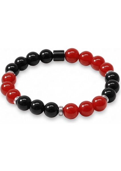 Küre Kesim Kırmızı Siyah Akik Oniks Hematit Doğaltaş Kadın Taraftar Bileklik