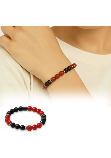 Küre Kesim Kırmızı Siyah Akik Oniks Hematit Doğaltaş Kadın Taraftar Bileklik fiyatları