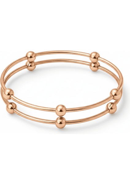 Kadın Çelik Bileklik - Beş Top Süslemeli Tasarım - 2 Li Model - Rose Renk