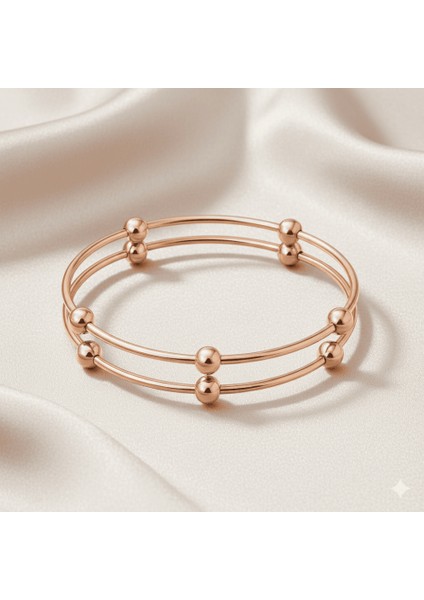 Kadın Çelik Bileklik - Beş Top Süslemeli Tasarım - 2 Li Model - Rose Renk fırsatları