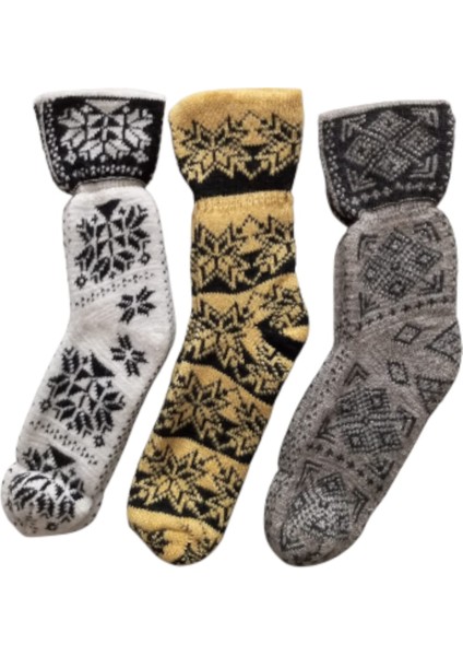 Çorap Patik Desenli Kalın Kışlık 3'lü Ekonomik Paket Unisex Beyaz - Sarı - Vizon fırsatları