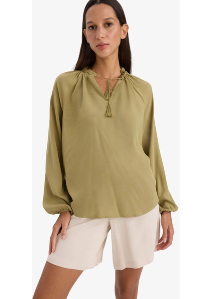 Regular Fit Bisiklet Yaka Krinkıl Kumaş Uzun Kollu Bluz E9429AX25SM