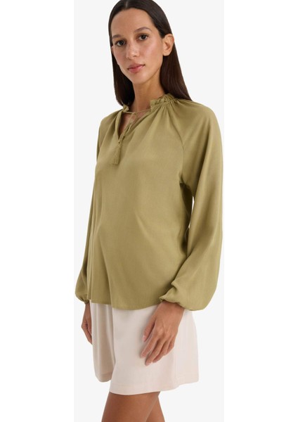 Regular Fit Bisiklet Yaka Krinkıl Kumaş Uzun Kollu Bluz E9429AX25SM