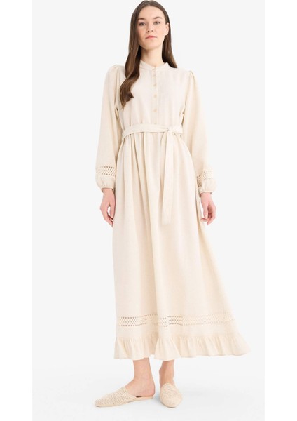 Regular Fit Hakim Yaka Kuşaklı Keten Karışımlı Uzun Kollu Tesettür Elbise A6647AX25SM