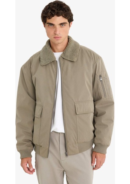 Su İtici Oversize Geniş Kalıp Gömlek Yaka Fermuarlı Peluş Yaka İç Cepli Mont E9247AX25WN