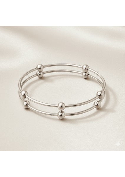 Kadın Çelik Bileklik - Beş Top Süslemeli Tasarım - 2 Li Model - Gümüş Renk fırsatları
