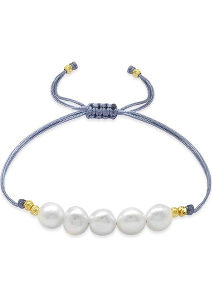Makrome Örgülü Naturel Kesim Gri Ipli Sarı Dorika Top Süslemeli Dpğal Inci Doğaltaş Kadın Bileklik