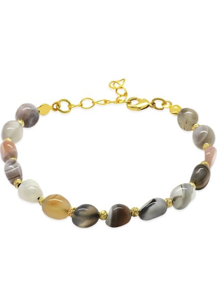 Altın Renk Metal Zincirli Dorika Top Süslemeli Amorf Madagaskar Akik Doğaltaş Kadın Bileklik