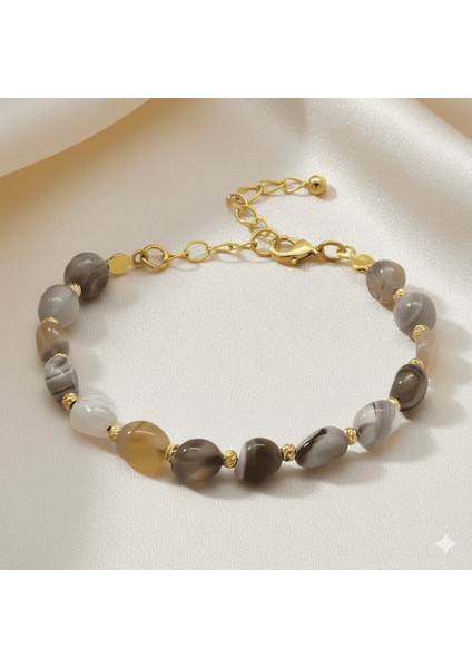 Altın Renk Metal Zincirli Dorika Top Süslemeli Amorf Madagaskar Akik Doğaltaş Kadın Bileklik fırsatları