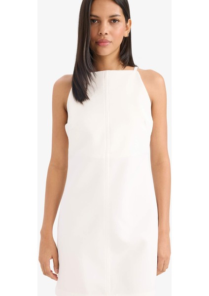 Kayık Yaka Basic Düz Kolsuz Mini Beyaz Yazlık Elbise
