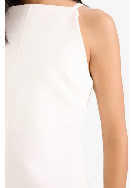 Kayık Yaka Basic Düz Kolsuz Mini Beyaz Yazlık Elbise