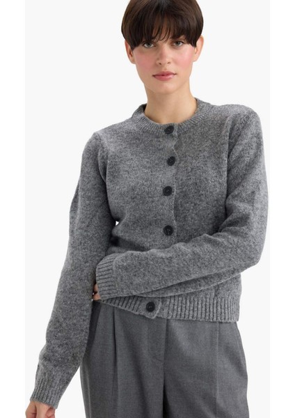 Regular Fit Bisiklet Yaka Basic Düz Düğmeli Soft Touch Yumuşak Triko Hırka