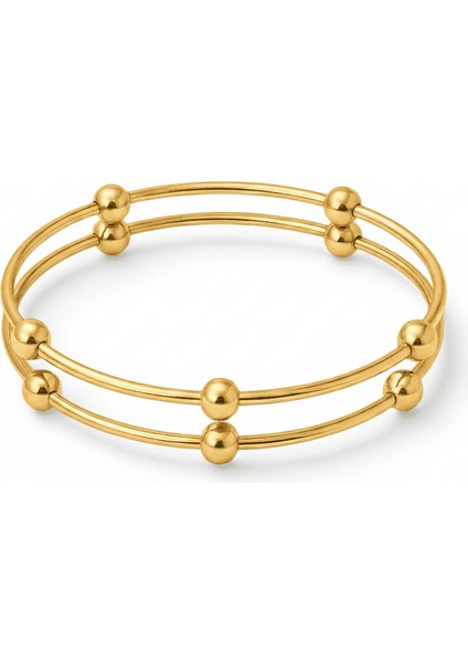 Kadın Çelik Bileklik - Beş Top Süslemeli Tasarım - 2 Li Model - Altın Renk