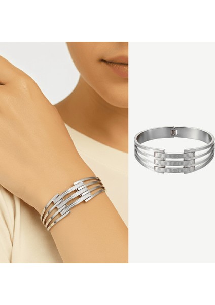 Kadın Çelik Bileklik - Kelepçe Tasarım - Dört Sıralı - Gümüş Renk fiyatları