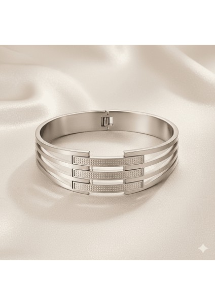 Kadın Çelik Bileklik - Kelepçe Tasarım - Dört Sıralı - Gümüş Renk fırsatları