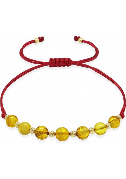 Makrome Örgülü Kırmızı Ipli Dorika Top Süslemeli Sarı Renk Doğal Damla Kehribar Kadın Bileklik