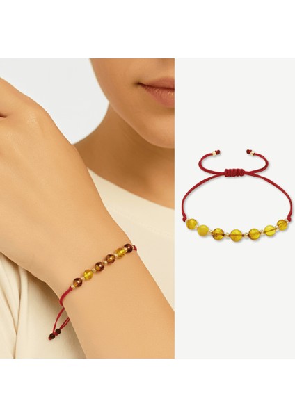 Makrome Örgülü Kırmızı Ipli Dorika Top Süslemeli Sarı Renk Doğal Damla Kehribar Kadın Bileklik modelleri