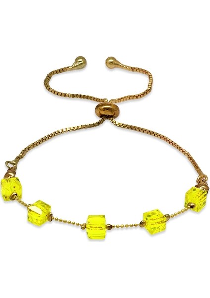 Metal Zincirli Küp Kesim Sarı Kristal Taşlı Asansörlü Kadın Bileklik