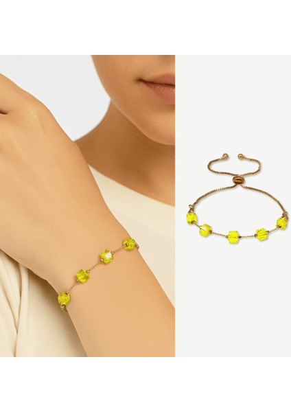 Metal Zincirli Küp Kesim Sarı Kristal Taşlı Asansörlü Kadın Bileklik fiyatları