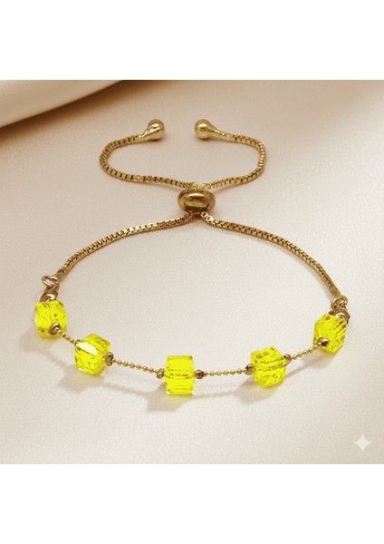 Metal Zincirli Küp Kesim Sarı Kristal Taşlı Asansörlü Kadın Bileklik fırsatları