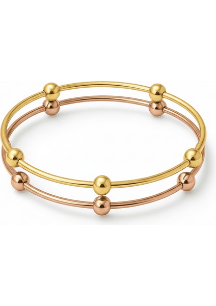 Kadın Çelik Bileklik - Beş Top Süslemeli Tasarım - 2 Li Model - Altın Rose Renk