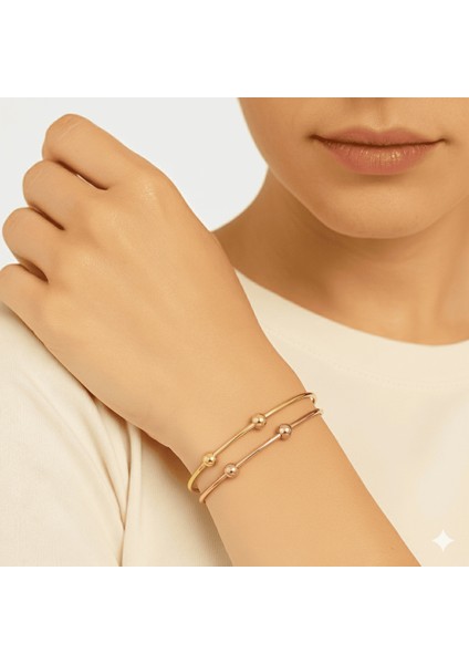 Kadın Çelik Bileklik - Beş Top Süslemeli Tasarım - 2 Li Model - Altın Rose Renk modelleri