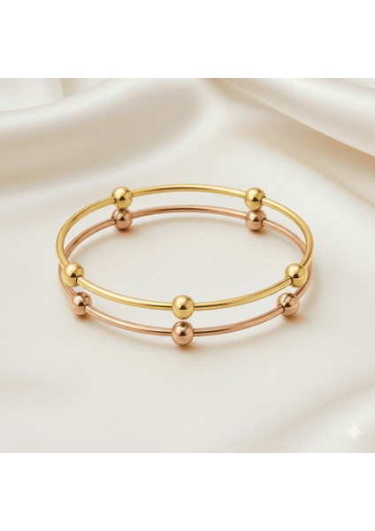 Kadın Çelik Bileklik - Beş Top Süslemeli Tasarım - 2 Li Model - Altın Rose Renk fırsatları