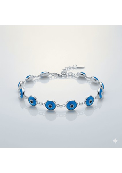 Gümüş Renk Nazar Boncuğu Detaylı 925 Ayar Gümüş Kadın Bileklik modelleri