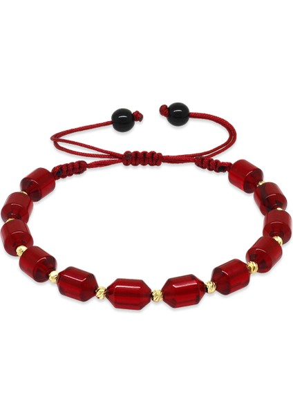 Makrome Örgülü Sarı Dorika Top Süslemeli Bayrak Kırmızı Ateş Kehribar Kadın Bileklik