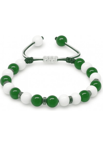 Makrome Örgülü Küre Kesim Yeşil Beyaz Jade Hematit Doğaltaş Kadın Taraftar Bileklik