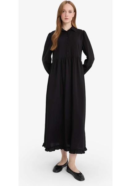 Gömlek Yaka Uzun Kollu Maxi Elbise