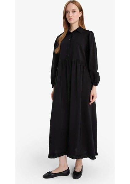 Gömlek Yaka Uzun Kollu Maxi Elbise