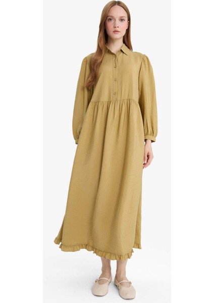Gömlek Yaka Uzun Kollu Maxi Elbise