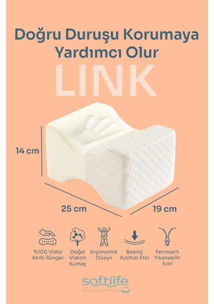 LINK Visco H Model Diz Arası Ortopedik Yastık Bacak Arası Yastık Visco Yastık 25x19x14cm fiyatları