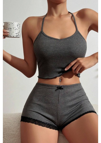 Kadın Gri Kaşkorse Sırt ve Bacak Kısmı Dantel Detaylı Şortlu Gecelik Takım modelleri