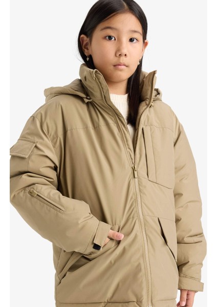 Kız Çocuk Çıkarılabilir Suni Kürk Yaka Kapüşonlu Parka