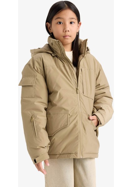 Kız Çocuk Çıkarılabilir Suni Kürk Yaka Kapüşonlu Parka