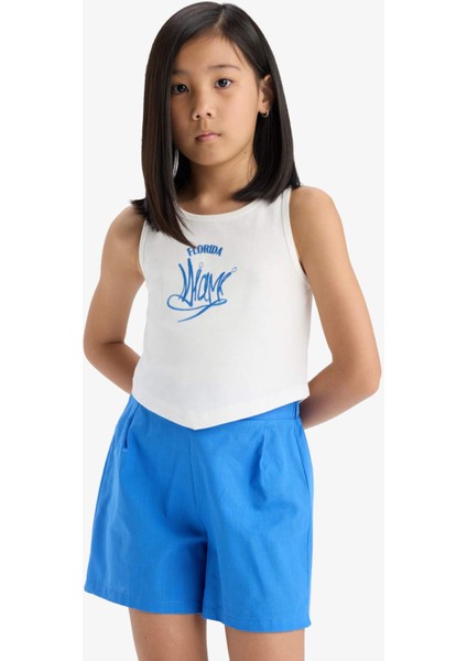 Kız Çocuk 2'li Takım Baskılı Atlet Keten Görünümlü Şort E6851A825HS